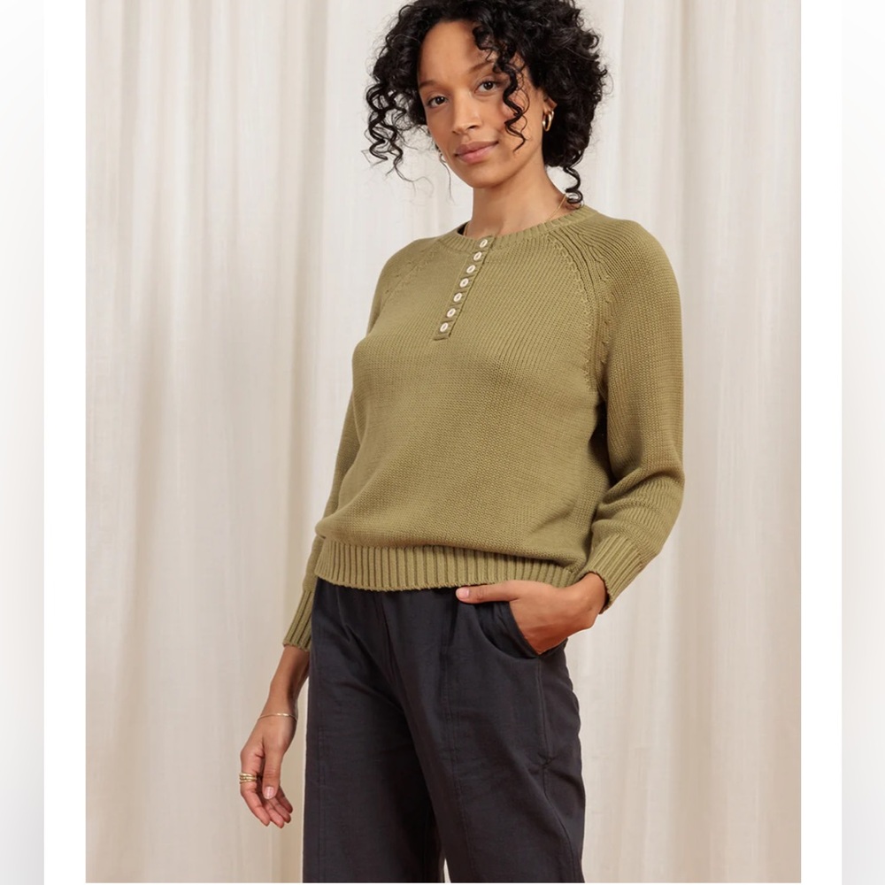 Tradlands River Henley Sweater Pullover button crew neck olive green NEW